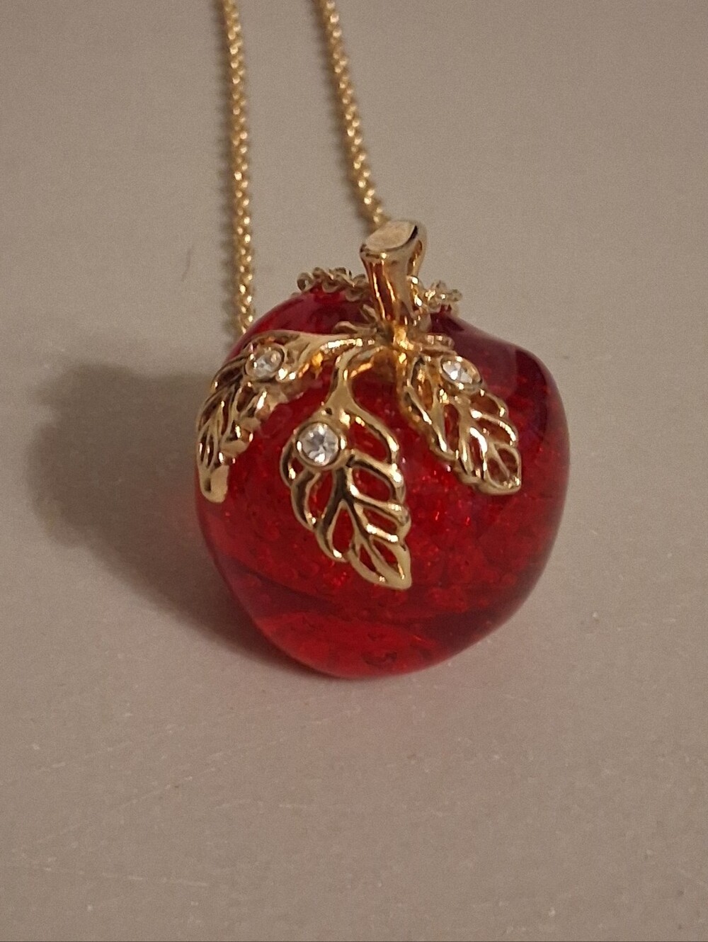 Vintage Avon Gold-Tone Red Apple Pendant Necklace.